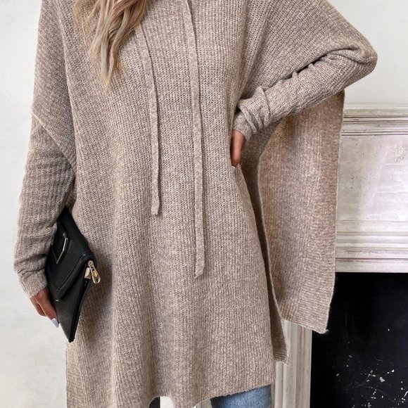 Casual Womens Hooded knit Sweater top Khaki - Picture 2 of 5